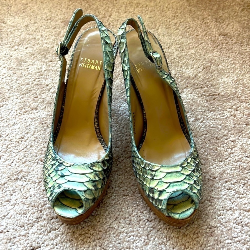 Stuart Weitzman 100% Python Platform Peep Toe Sli… - image 1